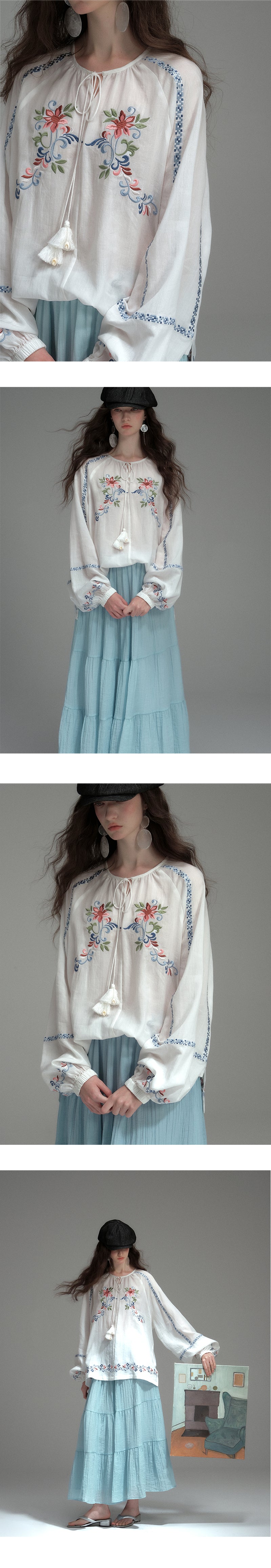 Boho Floral Embroidered Peasant Blouse With Tassel Tie