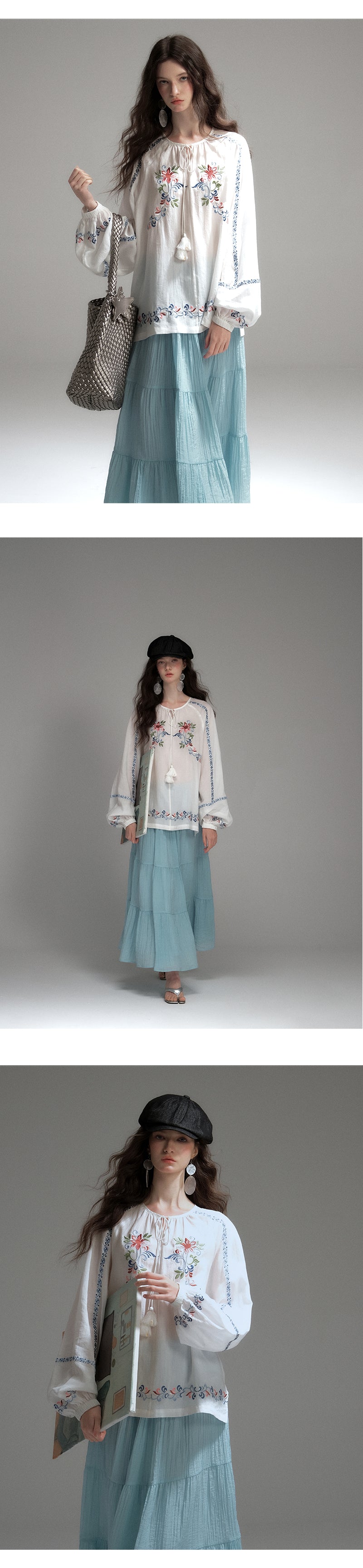 Boho Floral Embroidered Peasant Blouse With Tassel Tie