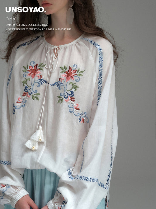 Boho Floral Embroidered Peasant Blouse With Tassel Tie