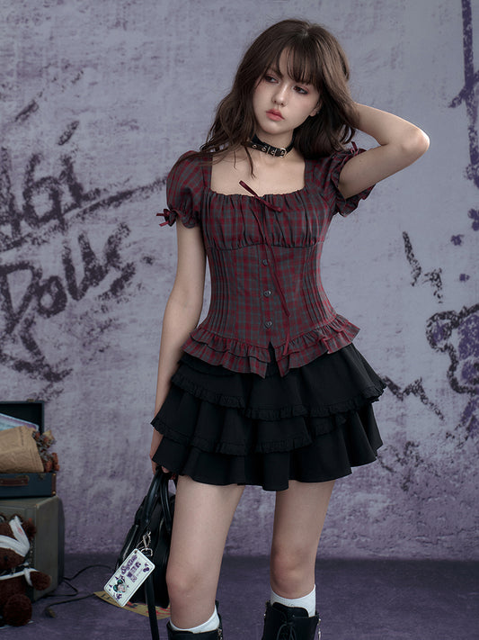 Puff-Sleeve Bustier Blouse In Plaid