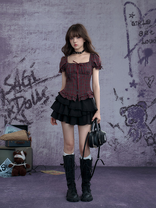 Puff-Sleeve Bustier Blouse In Plaid