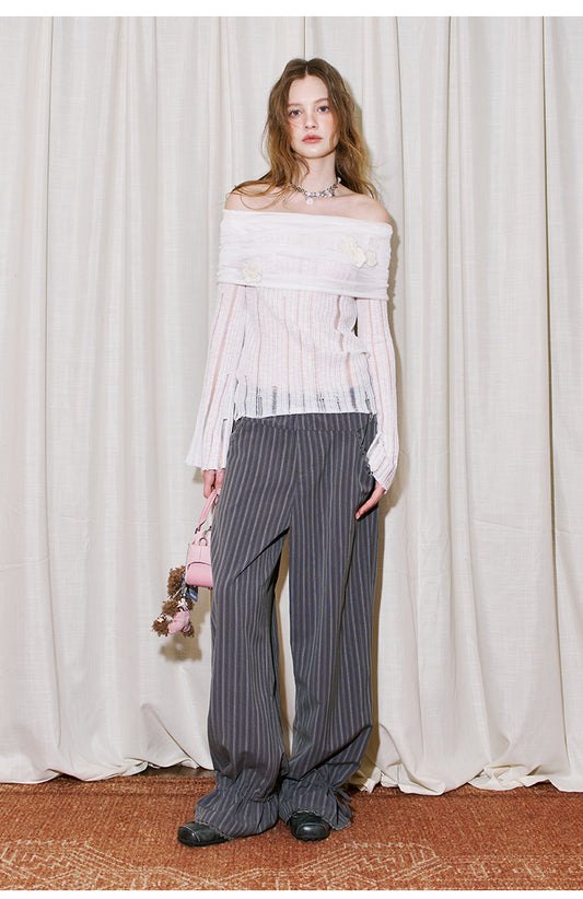 Lace-Trim Tie-Detail Striped Pants