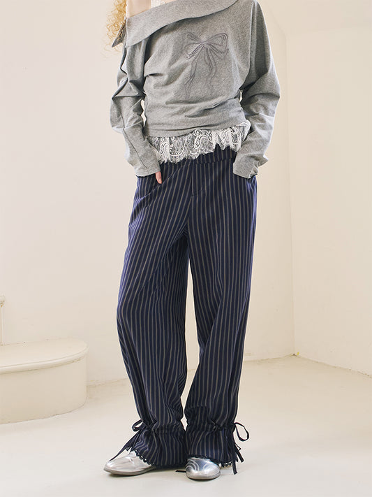 Lace-Trim Tie-Detail Striped Pants