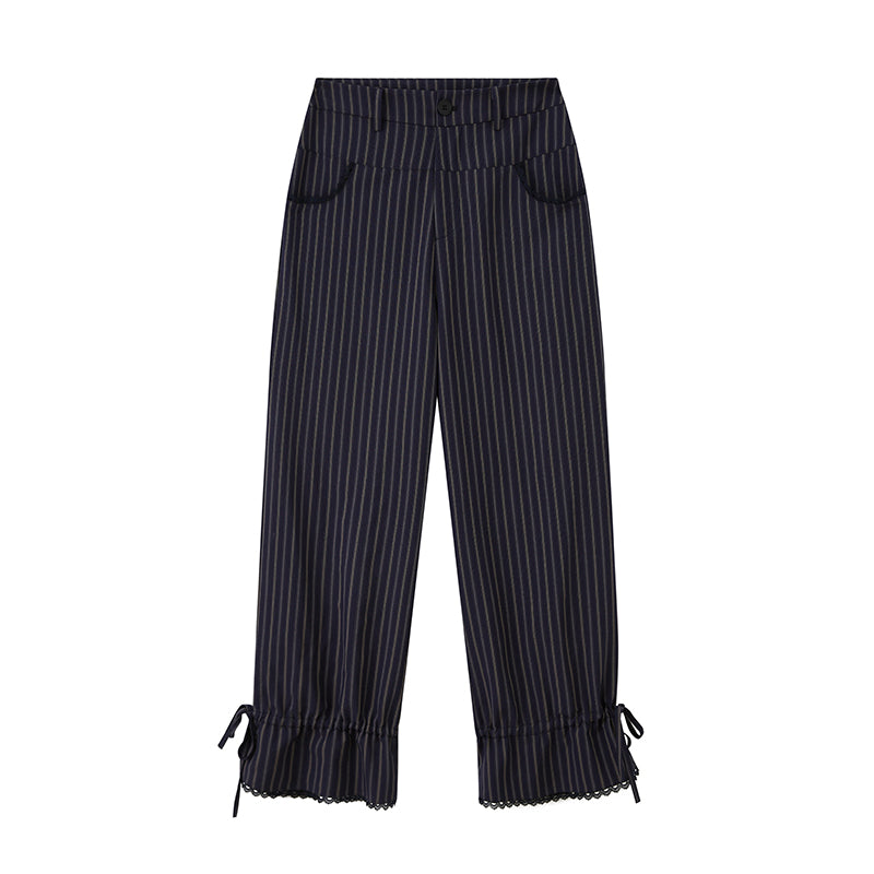 Lace-Trim Tie-Detail Striped Pants