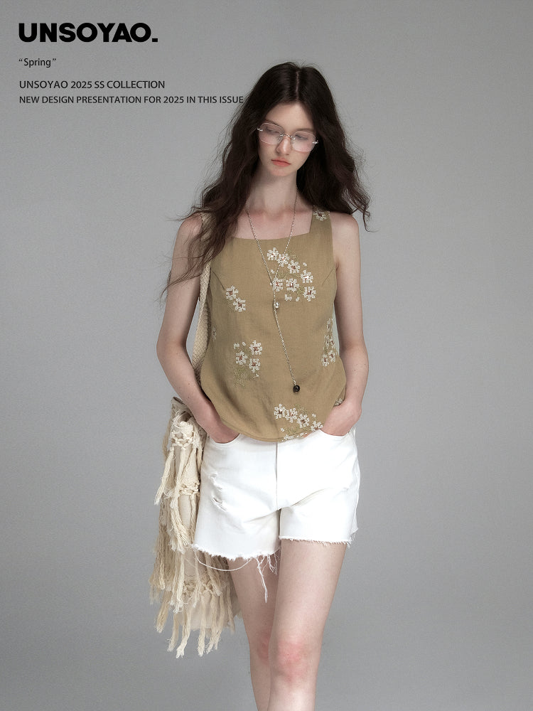 Sleeveless Floral Embroidered Top With Back Tie