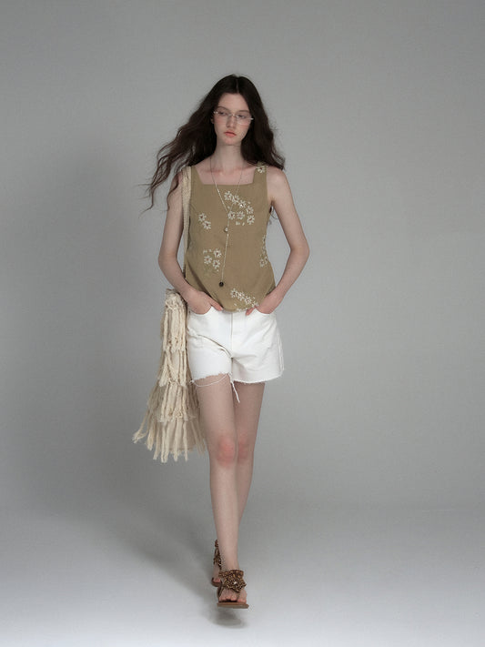 Sleeveless Floral Embroidered Top With Back Tie