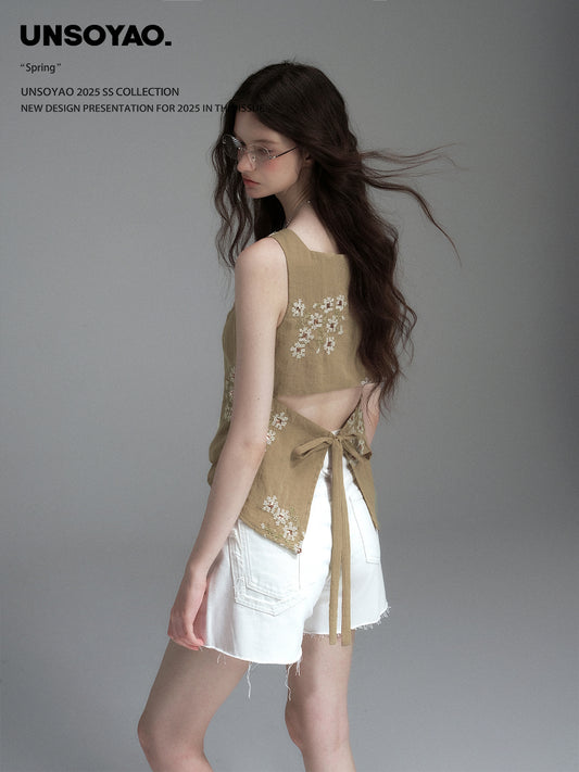 Sleeveless Floral Embroidered Top With Back Tie