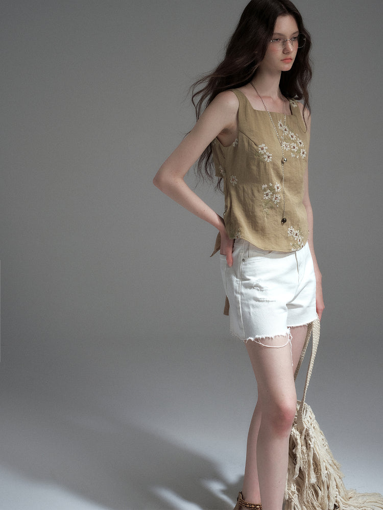 Sleeveless Floral Embroidered Top With Back Tie