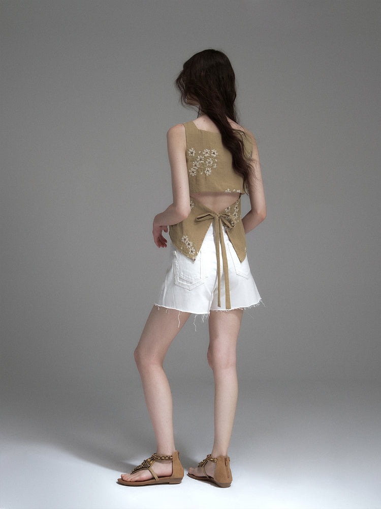 Sleeveless Floral Embroidered Top With Back Tie