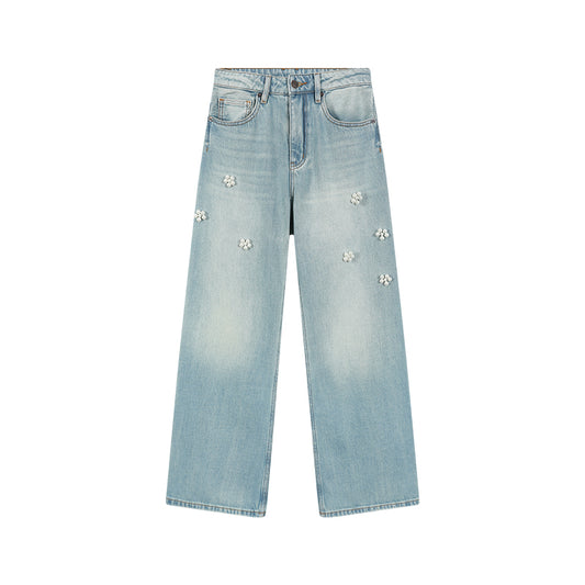 Beaded Flower-Accent Washed Jeans