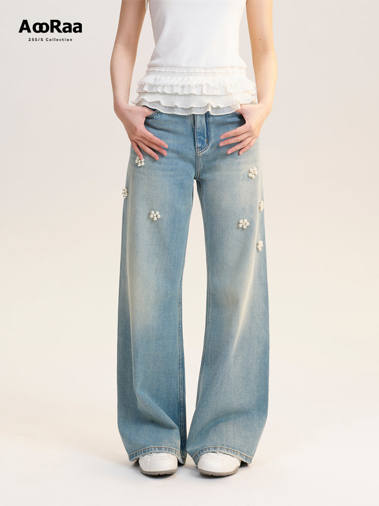 Beaded Flower-Accent Washed Jeans
