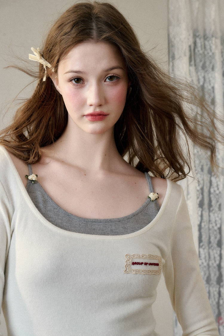 Rose Accent Layered Ballerina Neck Top