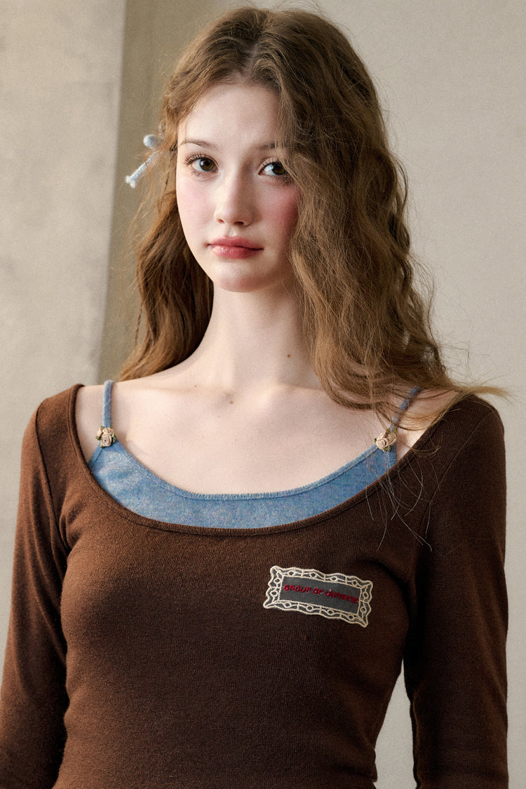 Rose Accent Layered Ballerina Neck Top