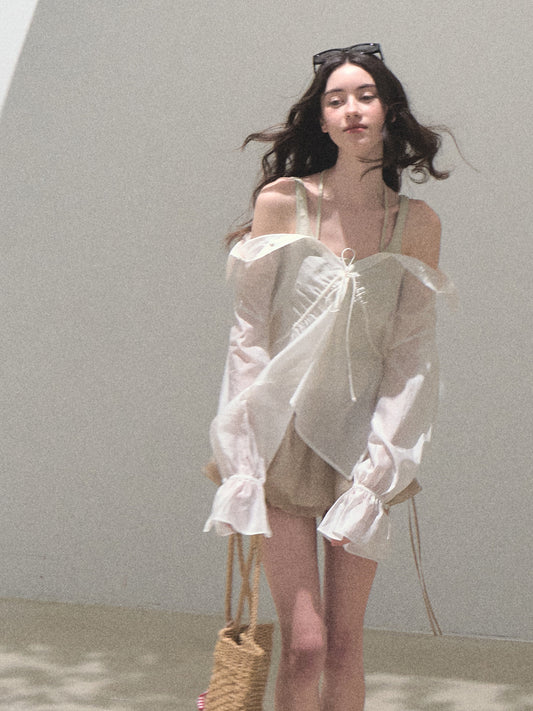 Off Shoulder Sheen Shirt And Tank Top Set