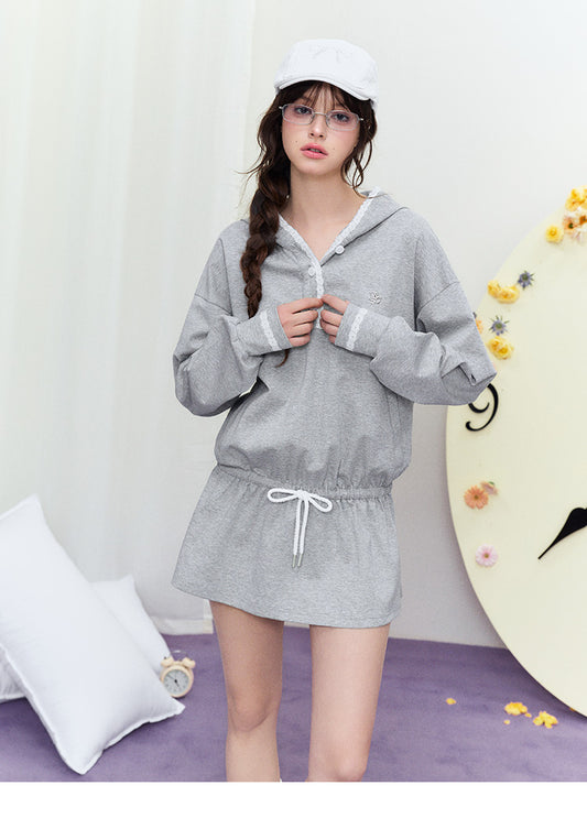 Half-Button Hoodie Dress With Adjustable Waist
