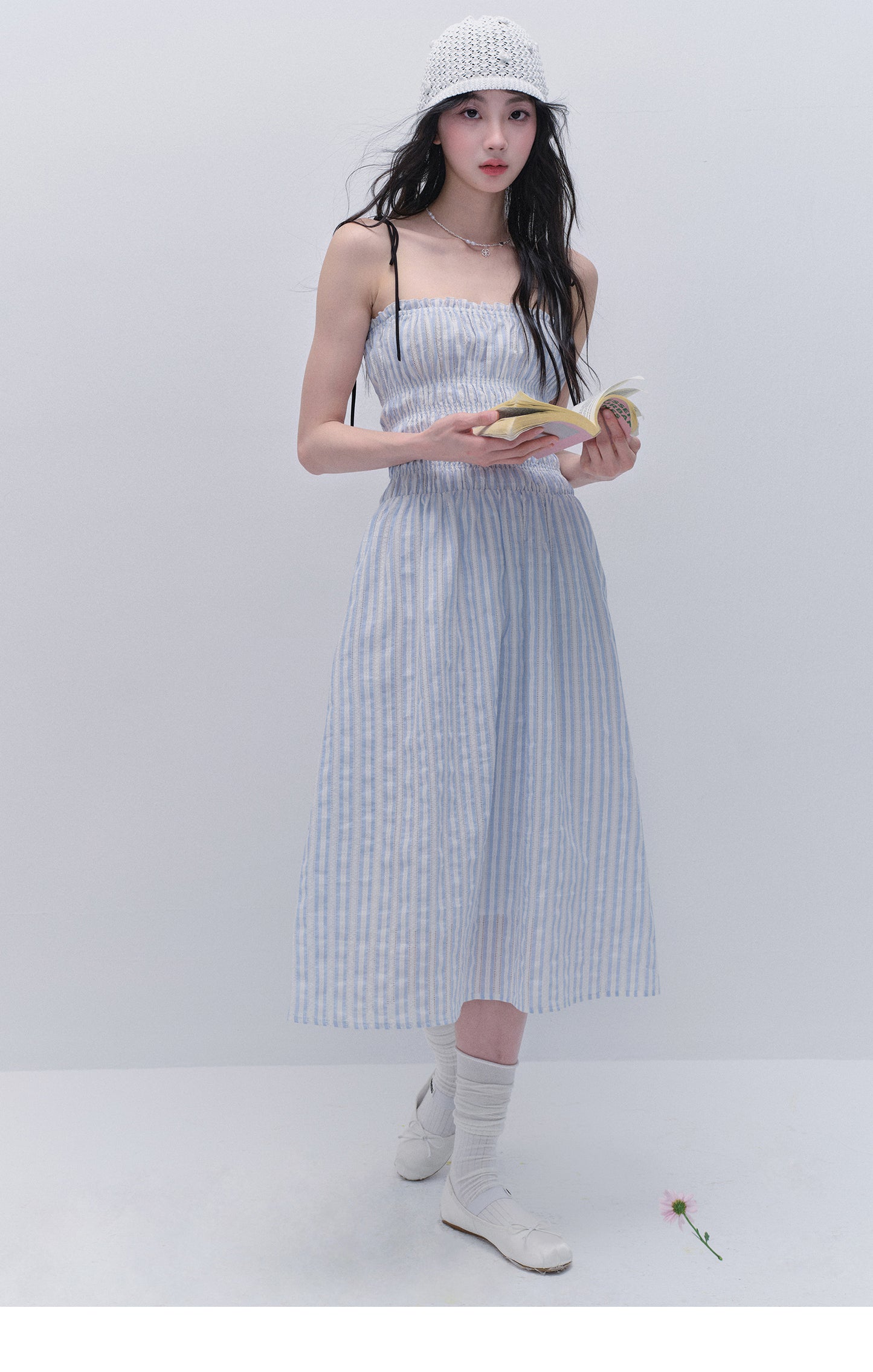 Smocked Cotton Stripe Dress With Tie Straps