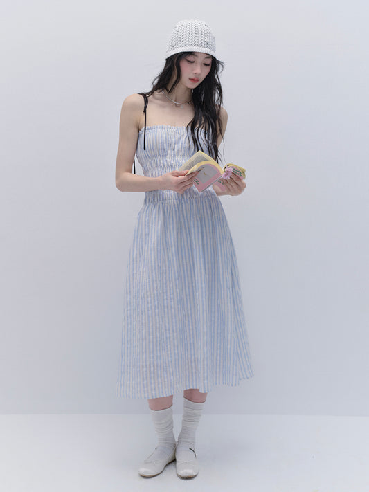 Smocked Cotton Stripe Dress With Tie Straps