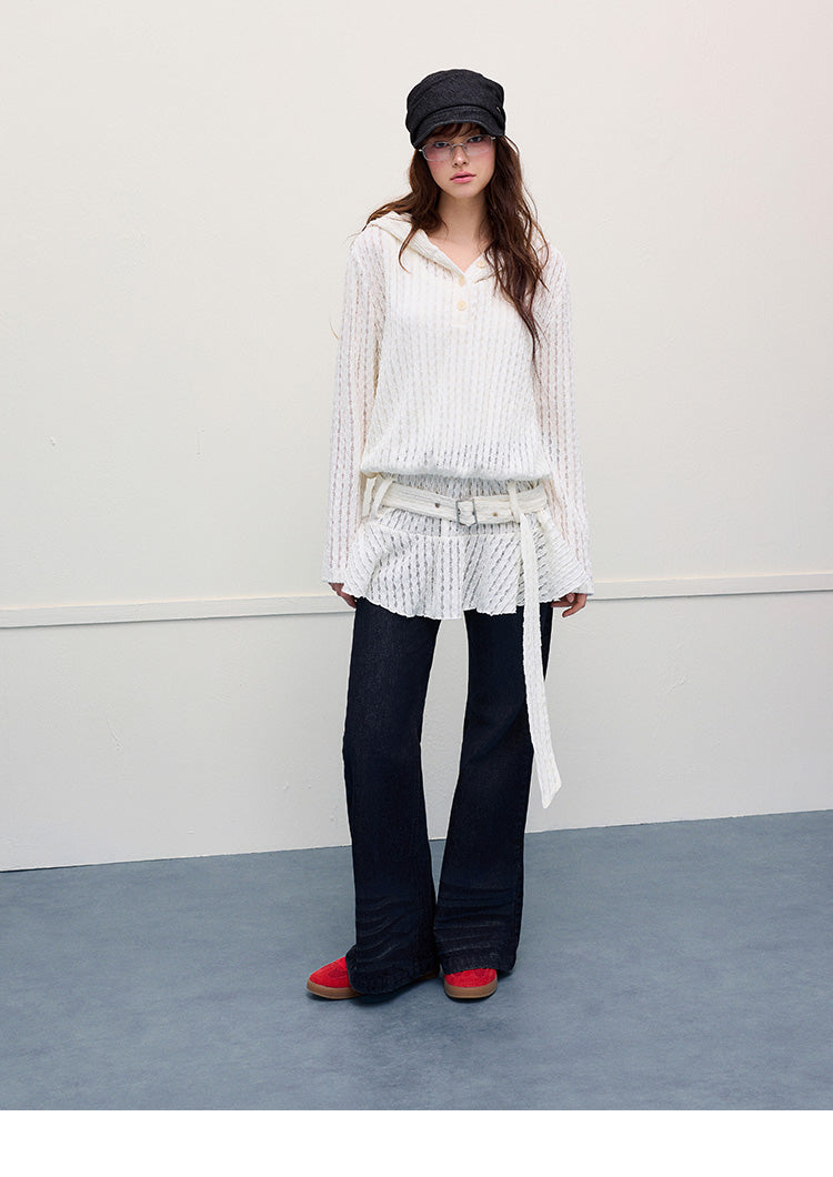 Lace-Striped Hooded Belted Dress