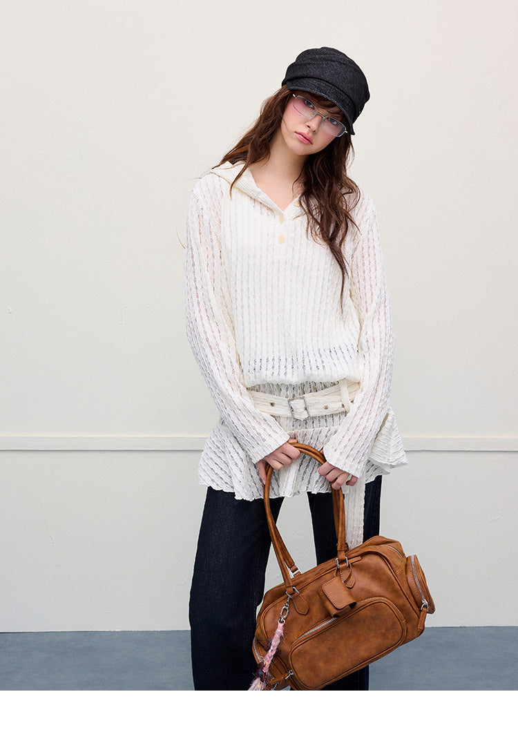 Lace-Striped Hooded Belted Dress