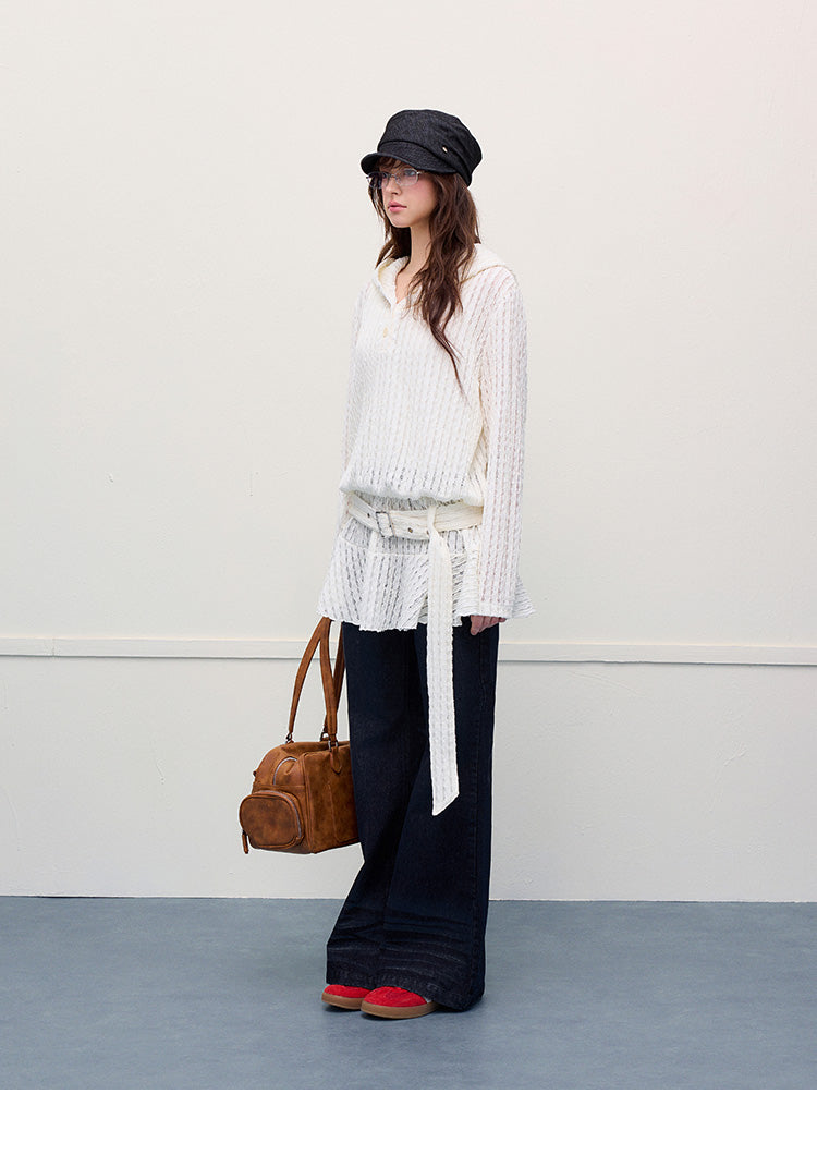 Lace-Striped Hooded Belted Dress