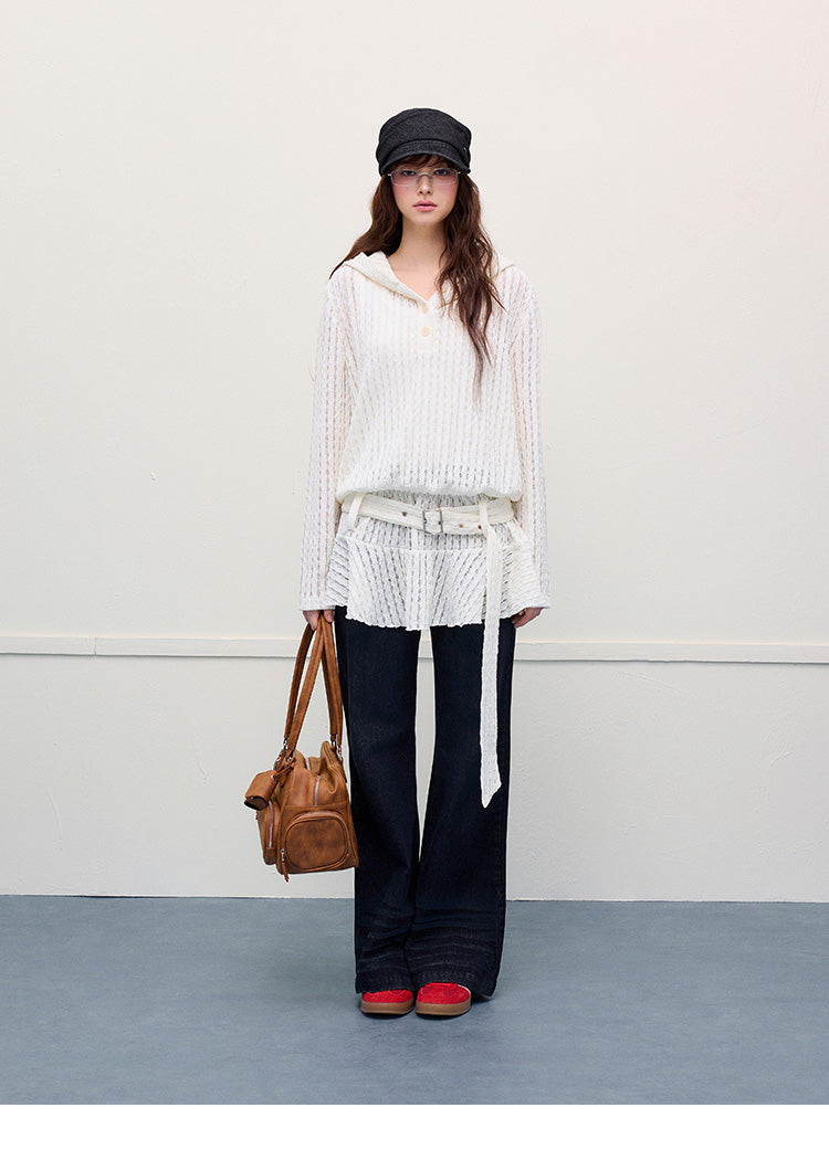 Lace-Striped Hooded Belted Dress