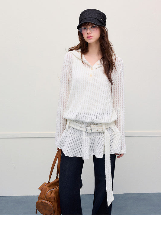 Lace-Striped Hooded Belted Dress