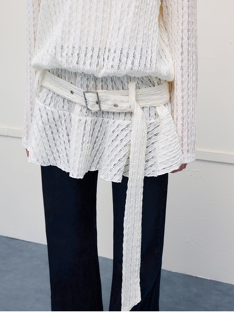 Lace-Striped Hooded Belted Dress