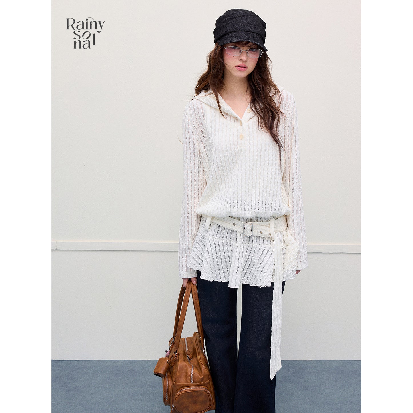 Lace-Striped Hooded Belted Dress