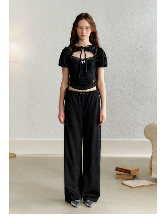 Floral Lace Short-Sleeve Top With Tie Neck