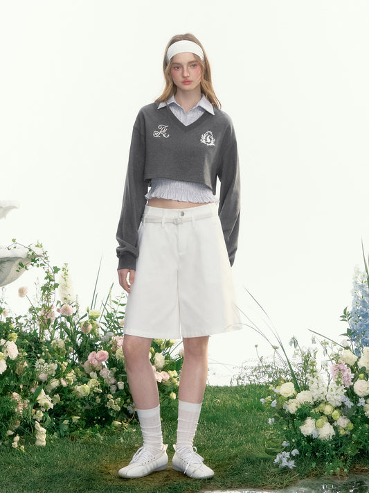 Sleeveless Shirred Shirt & Cropped V-Neck Sweatshirt