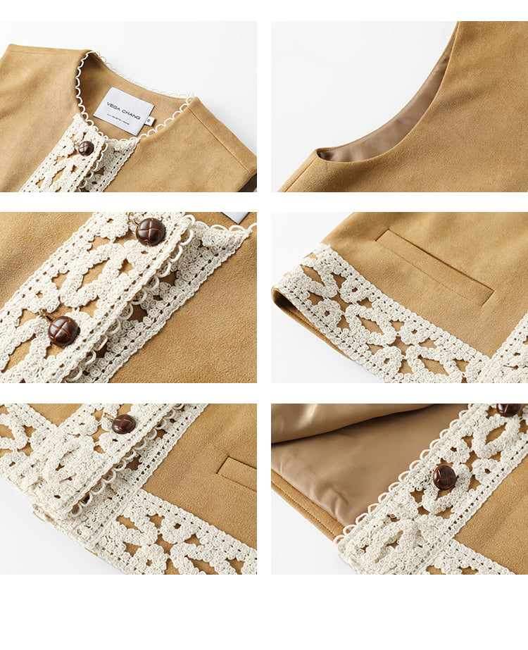 Lace-Trimmed Faux Suede Ethnic-Style Vest