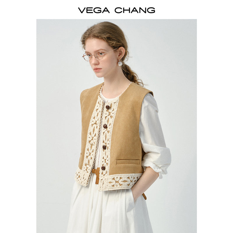 Lace-Trimmed Faux Suede Ethnic-Style Vest