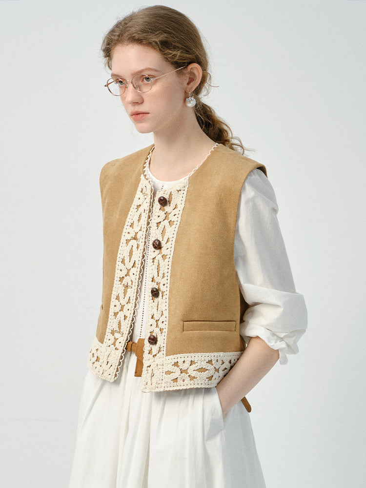 Lace-Trimmed Faux Suede Ethnic-Style Vest