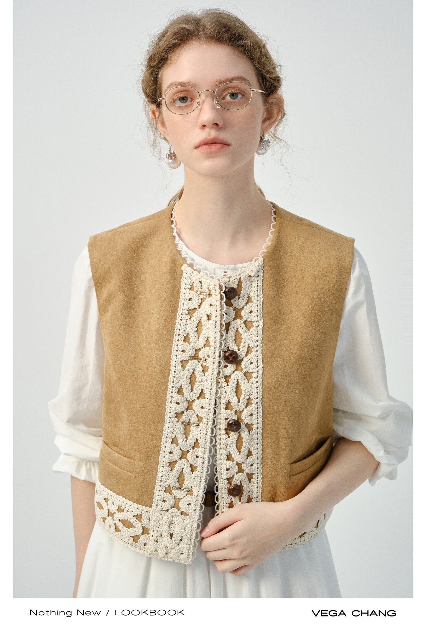 Lace-Trimmed Faux Suede Ethnic-Style Vest