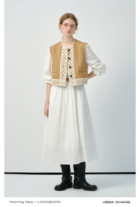 Lace-Trimmed Faux Suede Ethnic-Style Vest