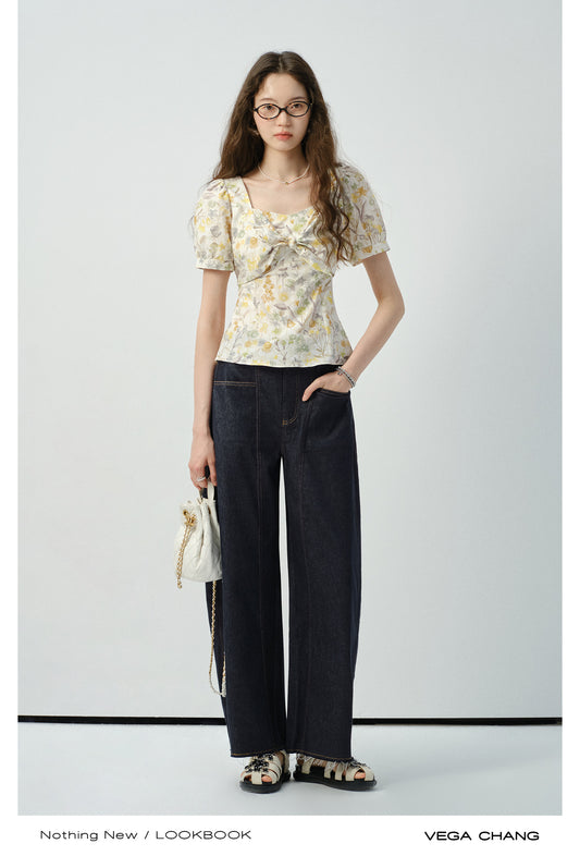 Floral Puff-Sleeve Knotted Blouse