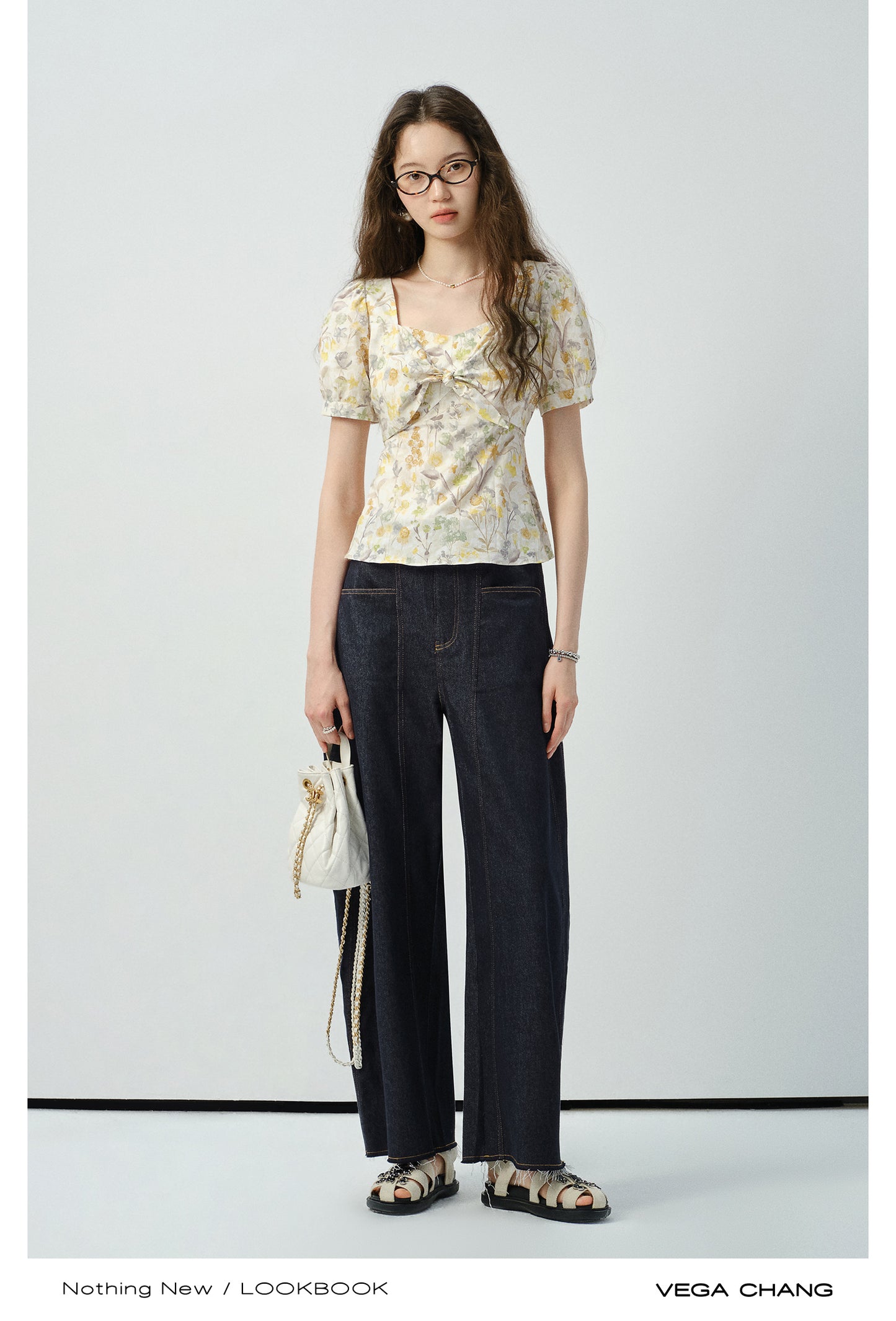 Floral Puff-Sleeve Knotted Blouse