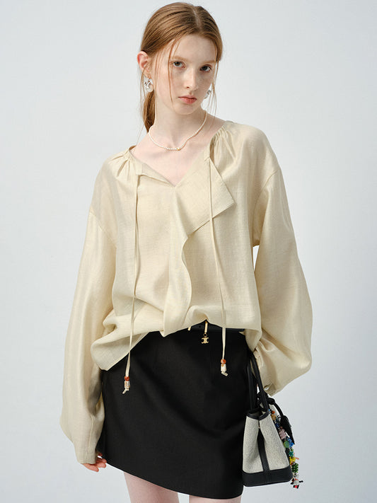 Minimalist Loose-Fit Blouse With Tie Neck