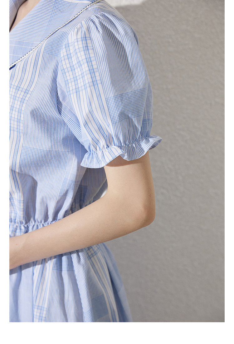 Rounded Tie Collar Check Blouse And Skirt
