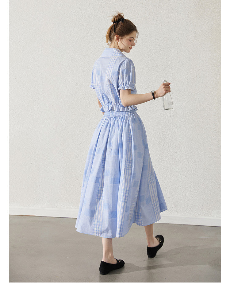 Rounded Tie Collar Check Blouse And Skirt