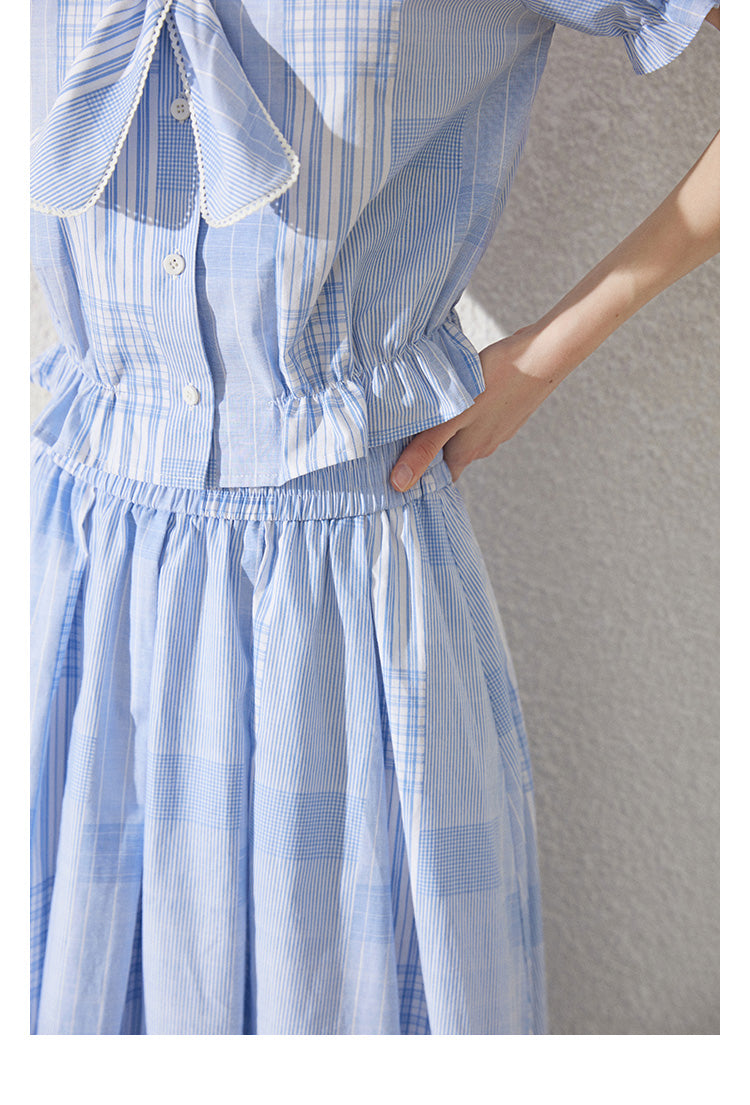 Rounded Tie Collar Check Blouse And Skirt