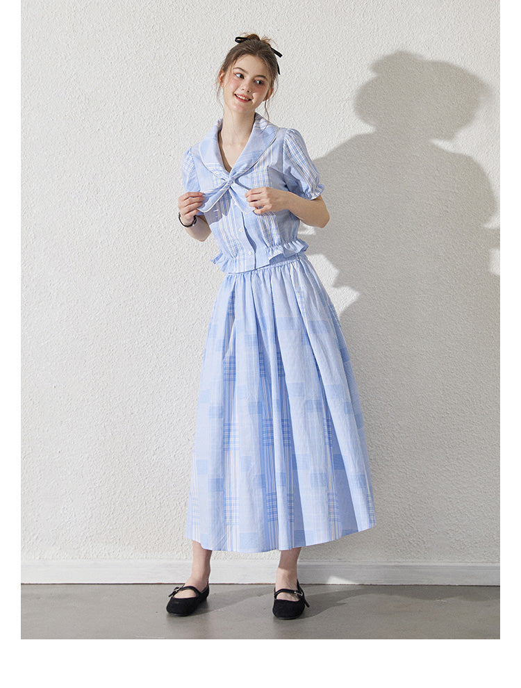 Rounded Tie Collar Check Blouse And Skirt