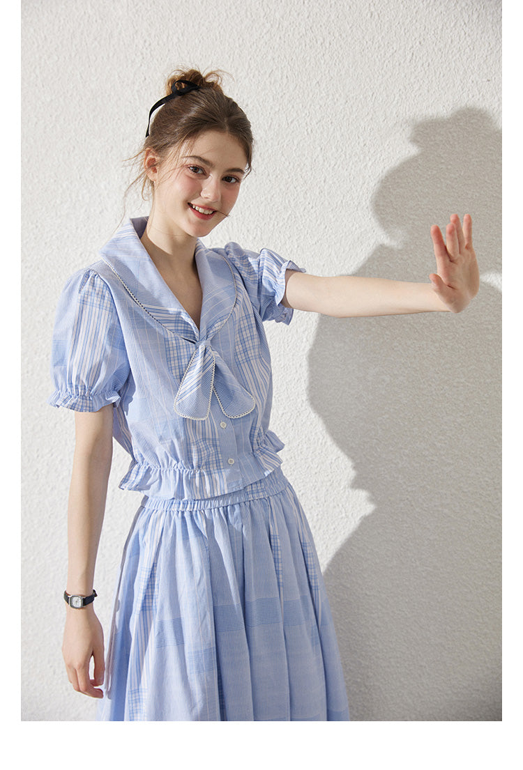 Rounded Tie Collar Check Blouse And Skirt