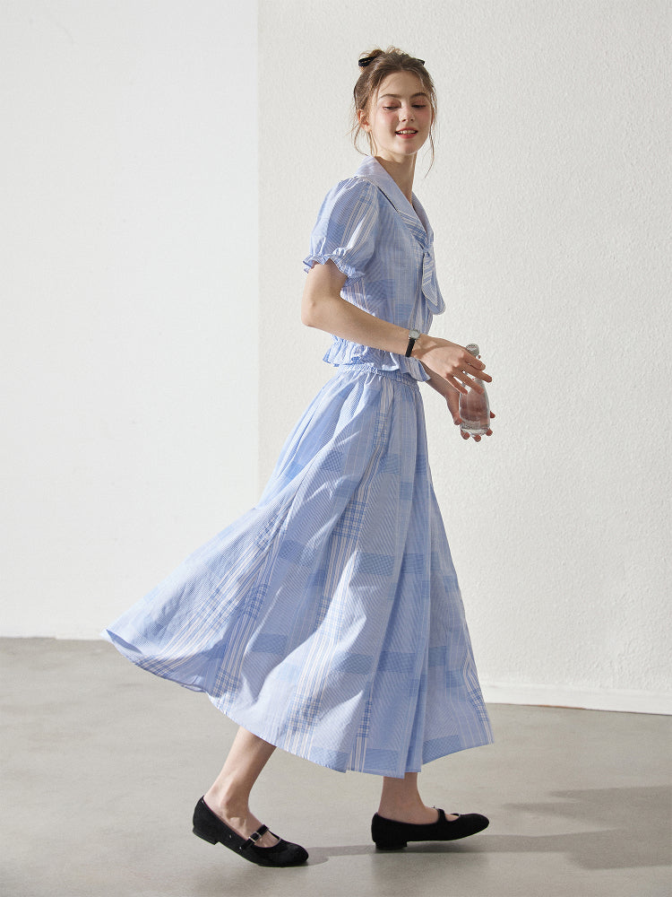 Rounded Tie Collar Check Blouse And Skirt