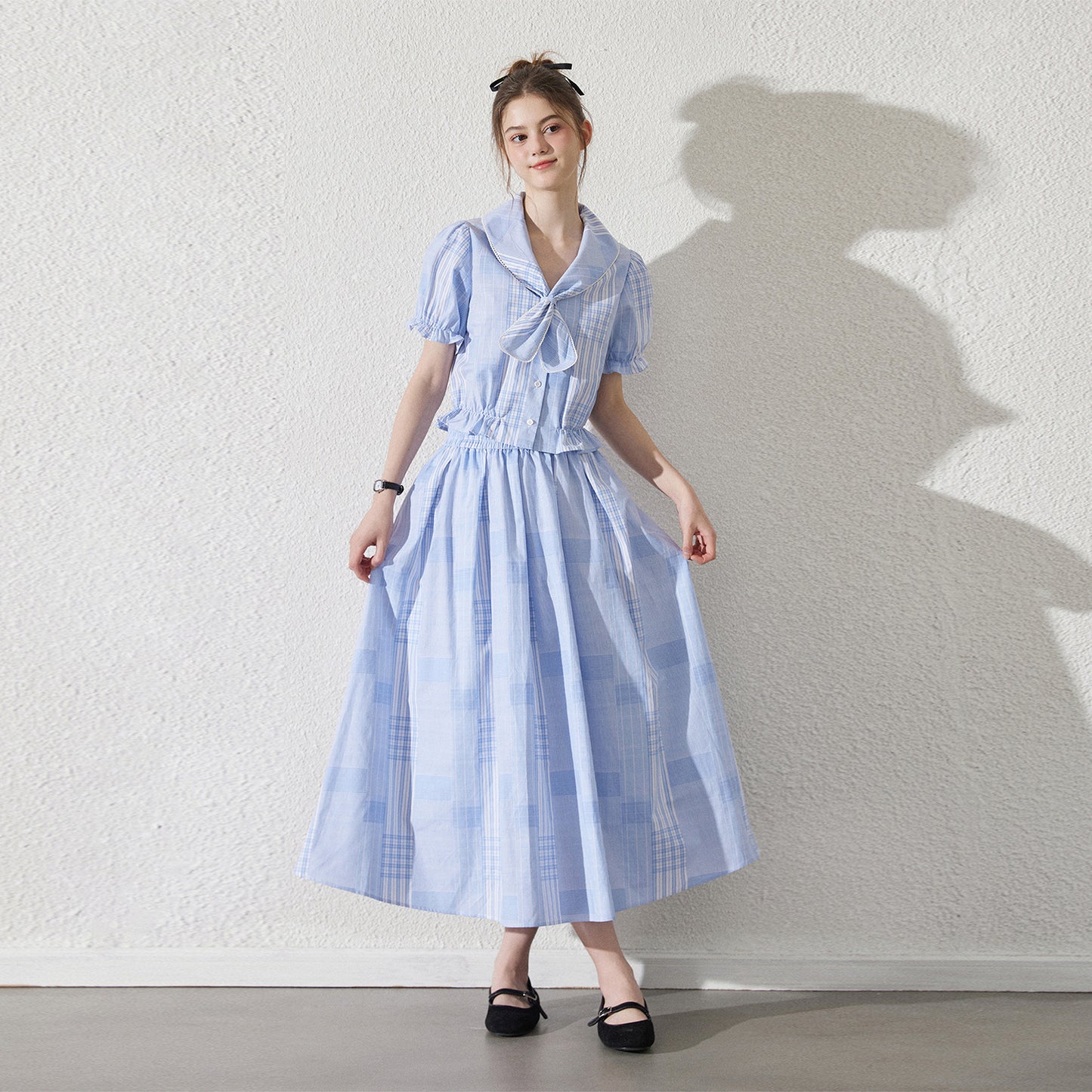 Rounded Tie Collar Check Blouse And Skirt