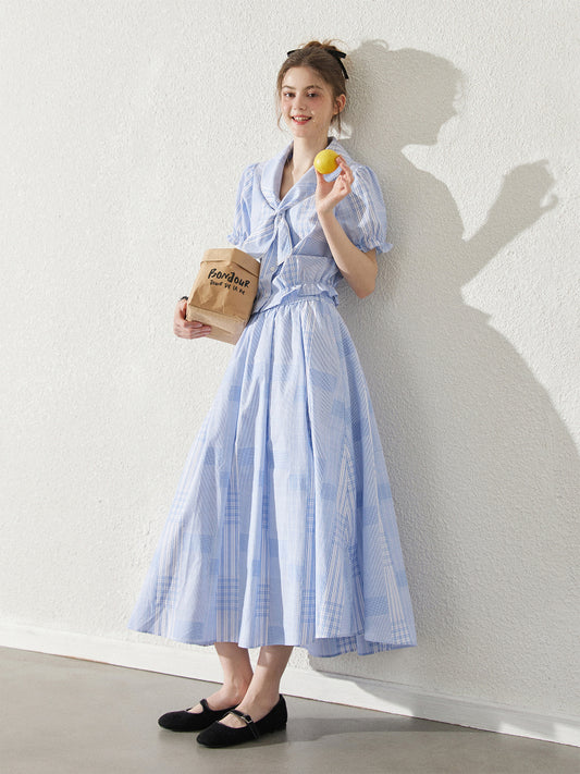 Rounded Tie Collar Check Blouse And Skirt