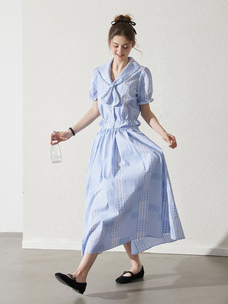 Rounded Tie Collar Check Blouse And Skirt