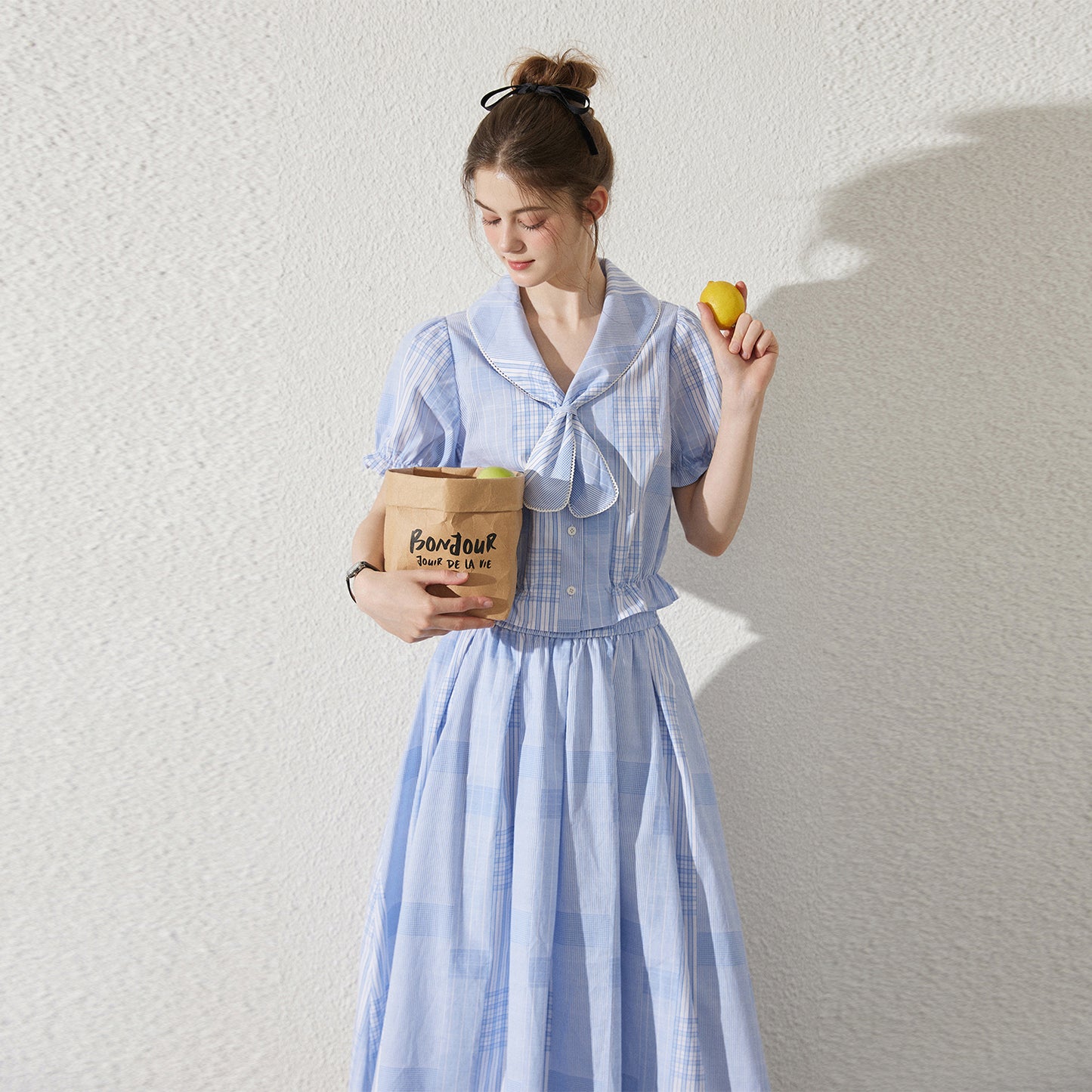 Rounded Tie Collar Check Blouse And Skirt