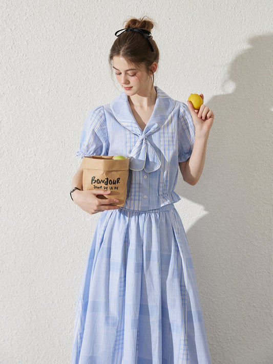 Rounded Tie Collar Check Blouse And Skirt