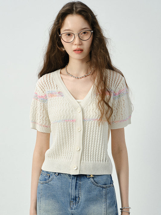 Short-Sleeved Lace-Knit Cardigan & Denim Skirt